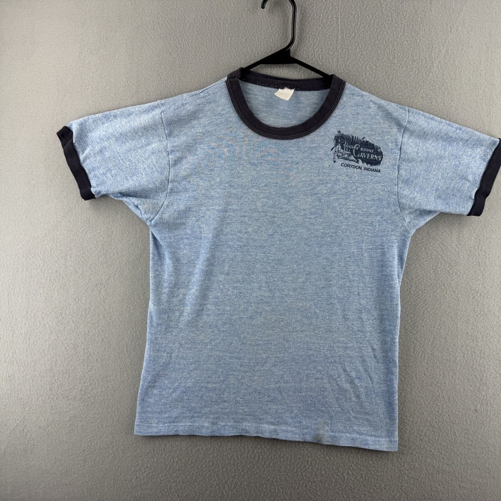 70s Ringer Tee Shirt Mens Large Fits Small) Blue Sportswear Paper Thin USA